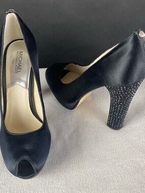 MICHAEL Michael Kors Black Satin Platform Peep Toe Studded Rhinestone Heels 10